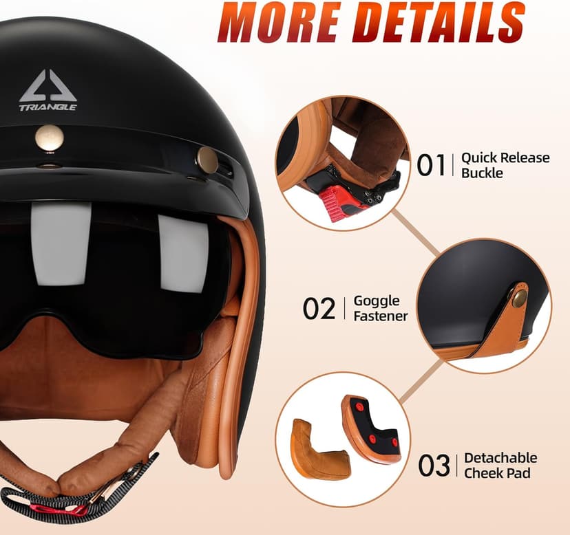 TRIANGLE 3/4 Motorcycle Helmet,Retro Open Face Adults Helmets with Visor,Half Face Moped Helmet for Men & Women,DOT Approved Helmets for Cruiser Scooter(L)