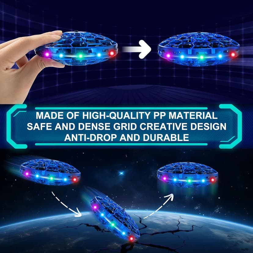 Hand Operated Flying Toy Drone for Kids, 360° Hands Free Motion Sensors Mini Drone with Cool LED Lights, Easy Indoor Small UFO Toy Flying Ball Drone for 6 7 8 9 10+ Year Old Boys and Girls (Blue)