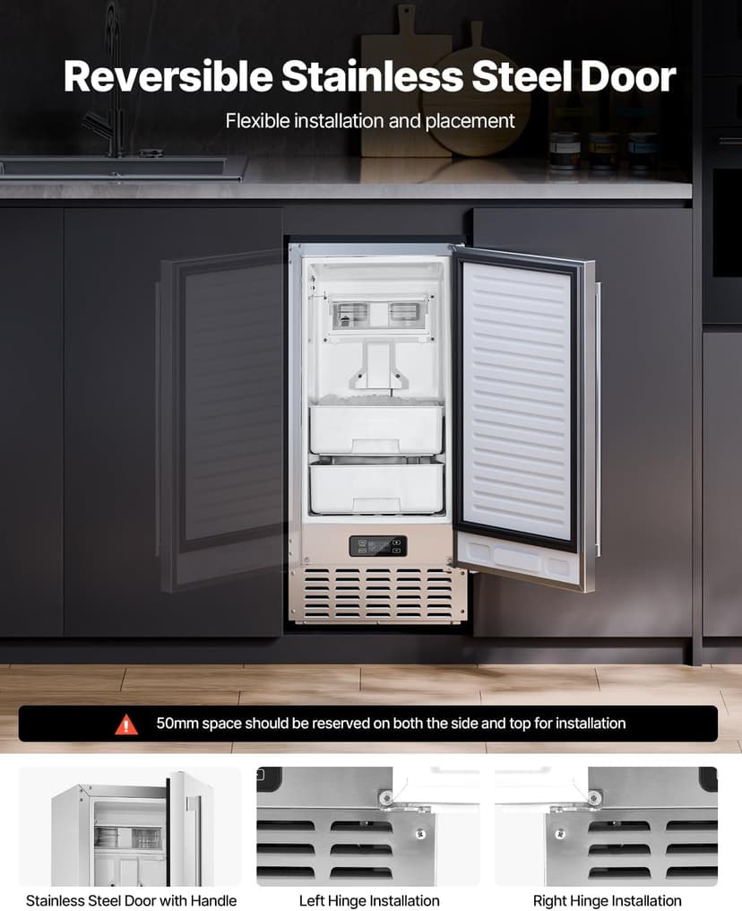 VEVOR Undercounter Built-in Ice Maker, 66 Lbs/Day Under Counter Nugget Ice Maker Machine with Reversible Door, Stainless Steel Freestanding Ice Maker for Commercial Home Kitchen, Electric Drainage