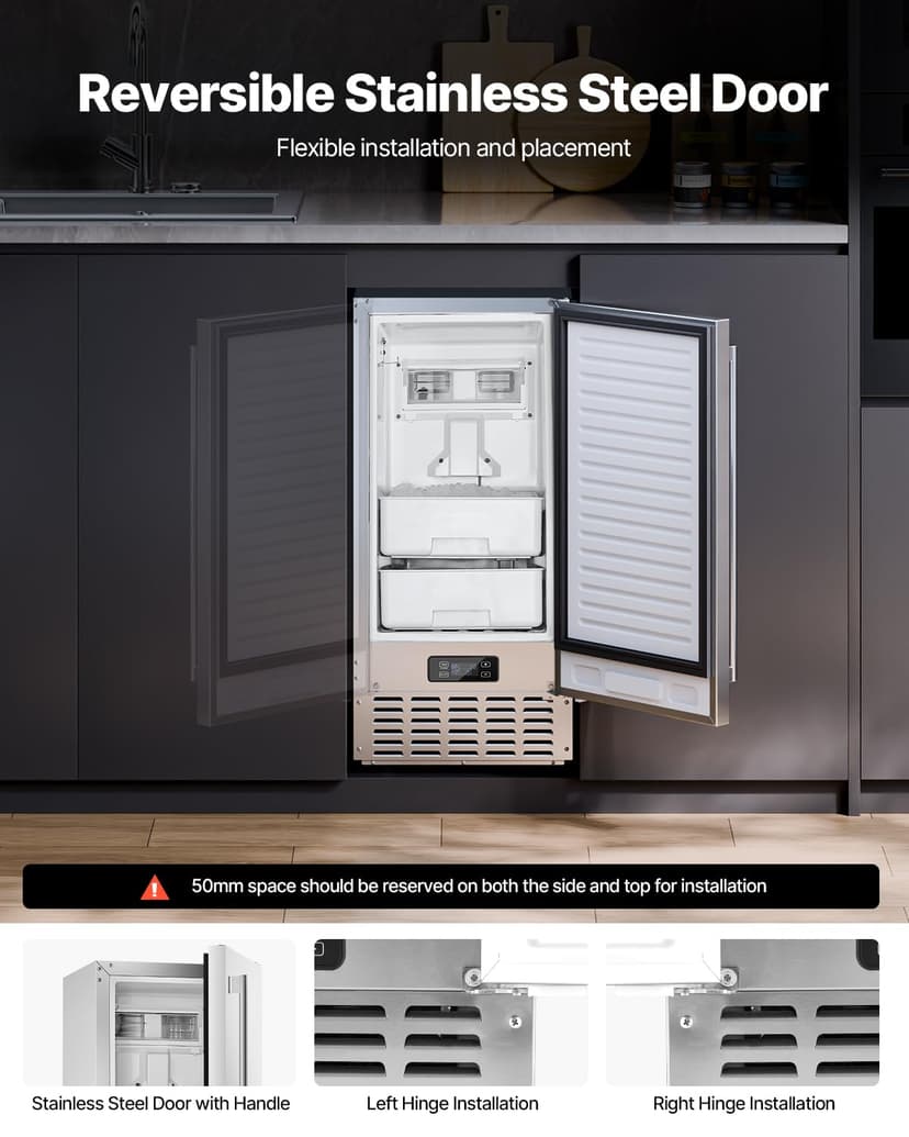 VEVOR Under Counter Ice Maker, 66 Lbs/Day Under Counter Stainless Steel Nugget Ice Makers Machine with Drain Pump, Reversible Door, 18 Lbs Storage, Freestanding Ice Maker for Commercial Home Kitchen