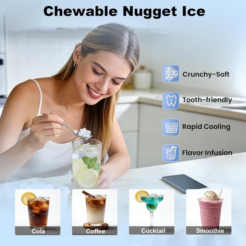 Nugget Ice Maker Machine Commercial, 80lbs/24h Undercounter Sonic Ice Machine with 20lbs Storage Bin & Dual Water Inlet, Chewable Pellet Ice for Restaurant Bar Home, Stainless Steel