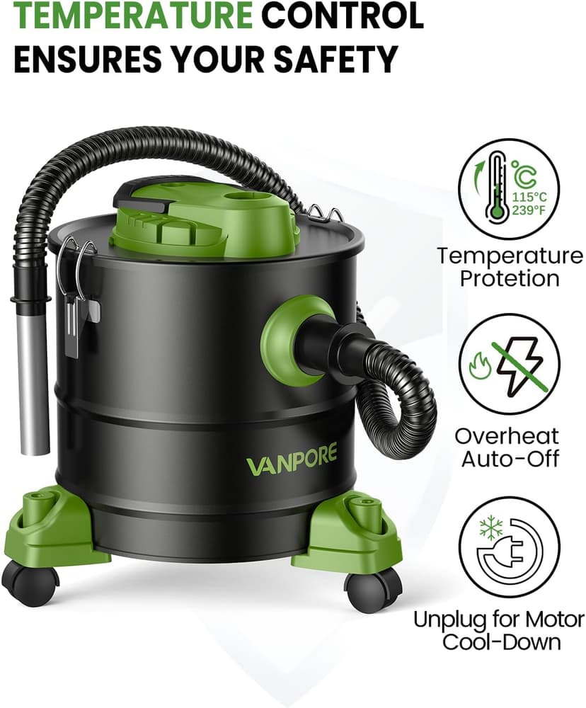 VANPORE Ash Vacuum Cleaner 5.2 Gallon with 1200w Suction Power&Wheeled Base, Ash Vacuum for Pellet Stoves, Fireplaces, Grill, Wood Stove, Fire Pits,Green