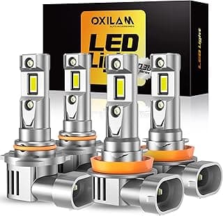 OXILAM H11/H9/H8 9005/HB3 LED Light Bulbs Combo, 100,000 Lumens 1200% Brighter 6500K Cool White H11 9005 Bulbs, IP68 Waterproof, 1:1 Beam Design, 60000Hrs Lifespan, No Flicker, Pack of 4