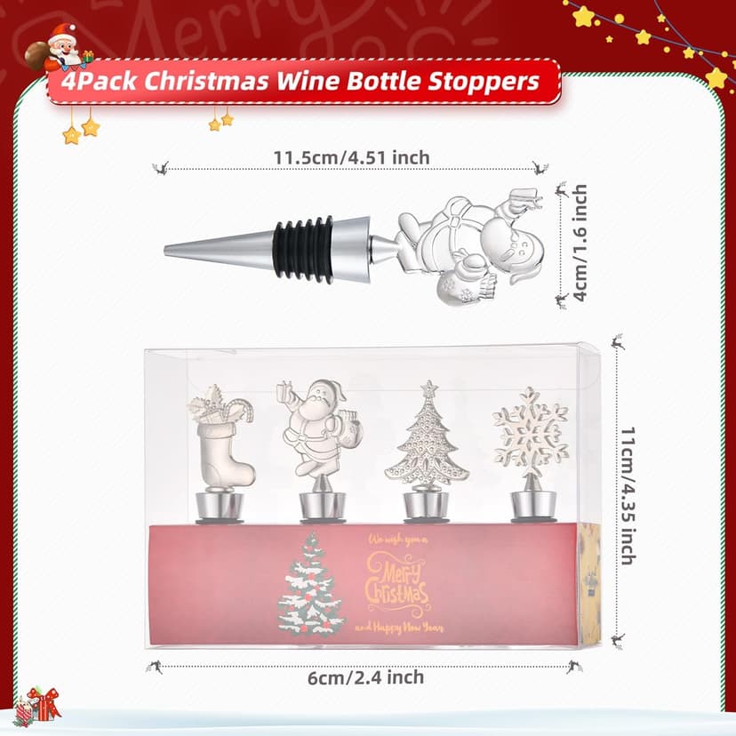 4PCS Christmas Wine Bottle Stoppers, Alloy Xmas Wine Bottle Stoppers for Keeping Wine Fresh,Wine Accessories Gift for Hostess Christmas Bottle Corkers,Winter Decor Bottle Stopper Holiday Party Supplie