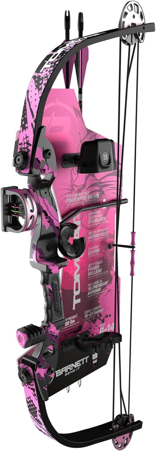 Barnett Tomcat Youth Compound Bow, Right-Handed Bow for Young Archers 8+, 17-22lb Draw Weight, 18-22in Draw Length, with 3 Pin Fiber Optic Sight, 2 Arrows, Attached Quiver