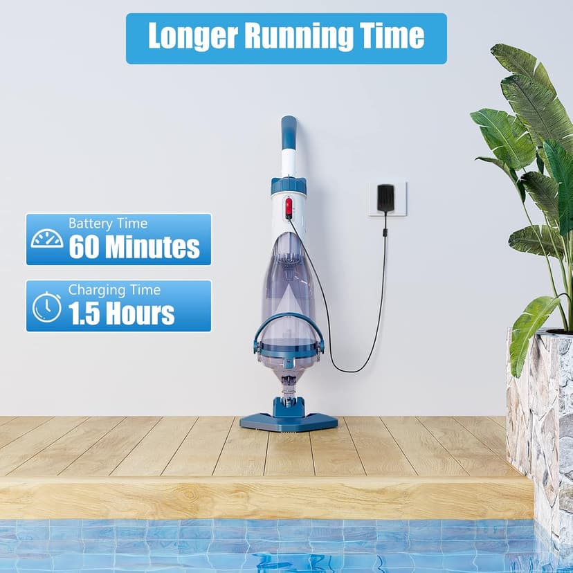 Pool Vacuum for Above Ground Pool with a Telescopic Pole, Running time up to 1H, T403 Handheld Rechargeable Pool Cleaner with Powerful Suction up to 18.5 gallons/min, Ideal for Leaves, Debris