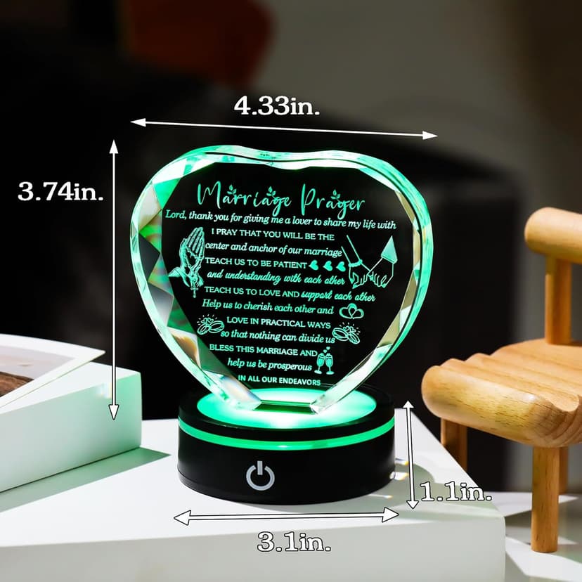 YWHL Wedding Gifts for Couples Crystal Heart Anniversary Marriage Prayer Plaque with Colorful LED Base Wedding Gift with Inspiring Quotes, Unique Newlywed Gifts Mr and Mrs Gifts Bridal Shower Gifts