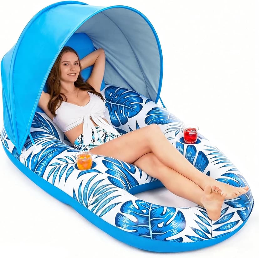 Jasonwell Pool Float with Canopy - Inflatable Pool Floaties Adult Lounger Floats Raft Floating Chair with Cup Holders for Swimming Pool Lake Water Lounge Float Beach Pool Party Toys for Adults