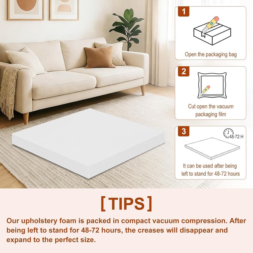 High Density Upholstery Foam 2" X 24" X 24", 3PCS Couch Cushion Replacement - 45D Density 70 ILD (Firm), Square Foam Padding for Chairs, Cut to Size Foam Replacement Cushion for Sofa Chair Bench