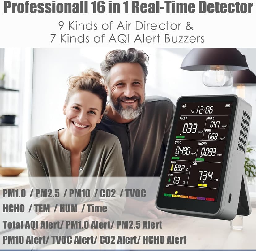 Professional Indoor Air Quality Monitor with AQI Alerts, Portable Real-Time Detector for Home, Car, Plants & Pet (Smog Gray)
