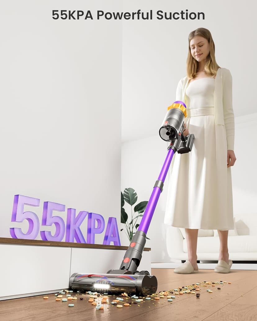 Cordless Vacuum Cleaner, 600W 50KPA 70 Mins Vacuum Cleaners for Home, Self-Standing Cordless Vacuum with Charging Dock Station, LED Display, Upgraded Anti-Tangle Stick Vacuum for Pet Hair/Carpet/Floor