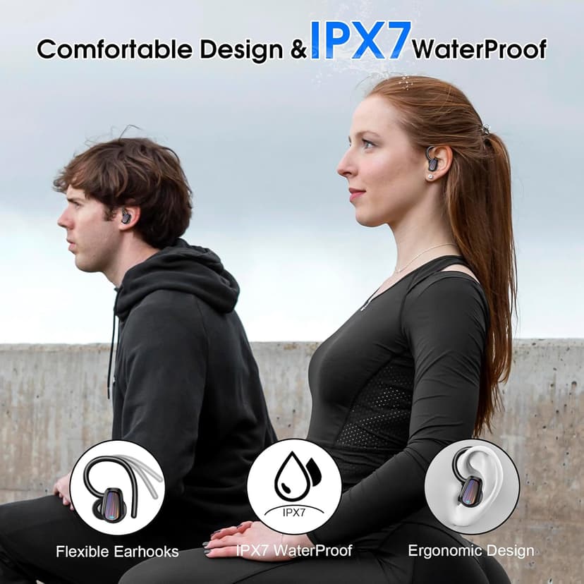 Wireless Earbuds, Headphones Sport Bluetooth 5.4, Over Ear Buds with ENC Noise Canceling Mic, Deep Bass Stereo Earphones with Hook, 50H Playback, LED Display, IP7 Ear Buds for Workout Running, Black