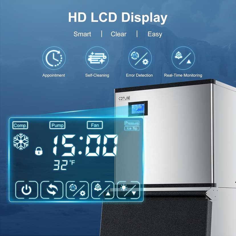 COTLIN Commercial Ice Maker, 550LBS/24H with 350LBS Storage, Commercial Ice Machine with Self-Cleaning, Ice Ready in 5–15 Min, Timing Function, Ice Thickness Adjustment, Stainless Steel, ETL Approval