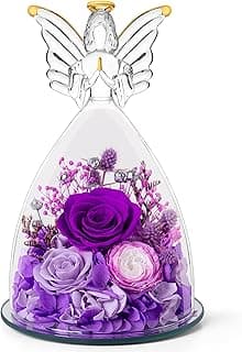 RoseValley Angel Roses Gifts for Mom,Preserved Real Flowers Roses in Glass Angel Figurines,Christmas Birthday Gifts for Grandma Women Mom Wife Mother in Law/Purple