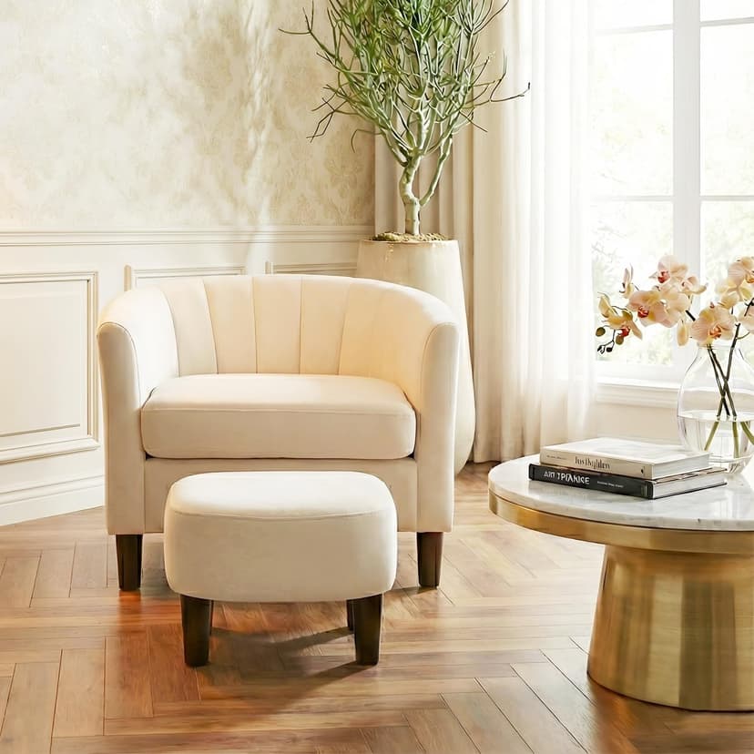FDW Velvet Barrel Accent Chair with Ottoman, Modern Armchair with Ottoman Set, Comfortable Reading Chair for Living Room, Bedroom & Apartment Lounge, Beige