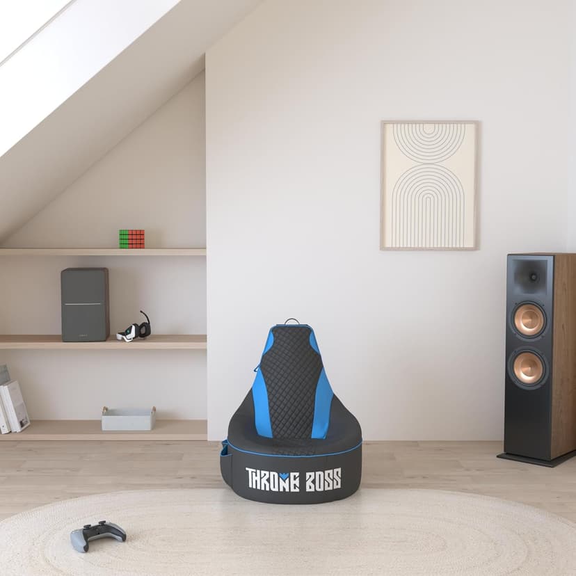 Throne Boss Gaming Bean Bag Chair Cover for Kids with High Back, Blue – Gamer Chair for Kids with 2 x Large Side Pockets, Headphone Hanger, Easy to Clean Fabric, Requires 200 Liters Polystyrene Beans