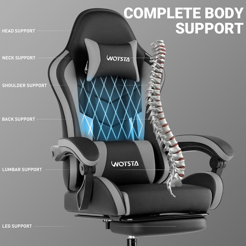 Gaming Chair with Footrest, Ergonomic Gaming Chair, Computer Chair with Lumbar Support, Headrest, Height Adjustable PC Chairs with 360° Swivel Seat for Office or Gaming BlackGrey