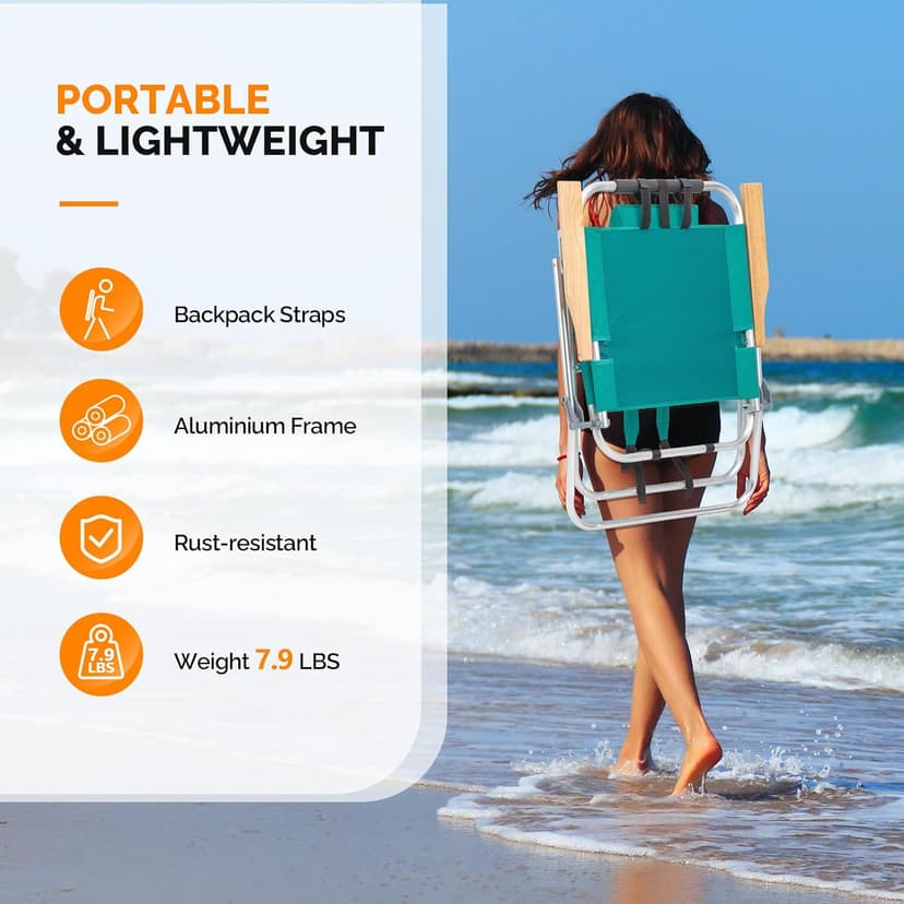 VINGLI 17" Tall Beach Chair, Aluminum Backpack Beach Chairs for Adults, Portable with Adjustable Straps, 3-Position Reclining, Cup Holder, High Lightweight Beach Chairs for Beach,Green