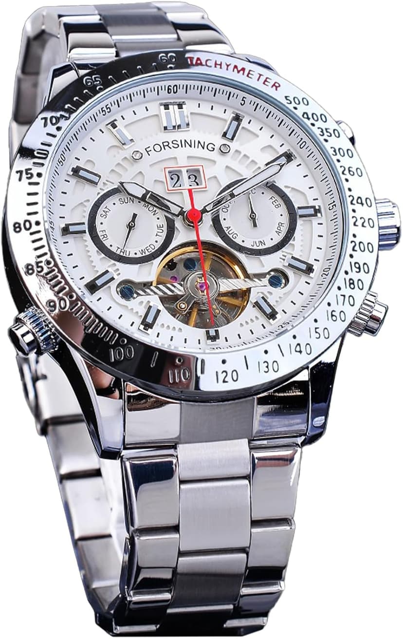 FORSINING Men Tourbillon Mechanical Self-Wind Watch, Day Date Month Full Calendar, Luminous Tachymeter Multifunctional Automatic Watches, Carved Big Dial Stainless Steel Band Wrist Watch