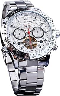 FORSINING Men Tourbillon Mechanical Self-Wind Watch, Day Date Month Full Calendar, Luminous Tachymeter Multifunctional Automatic Watches, Carved Big Dial Stainless Steel Band Wrist Watch
