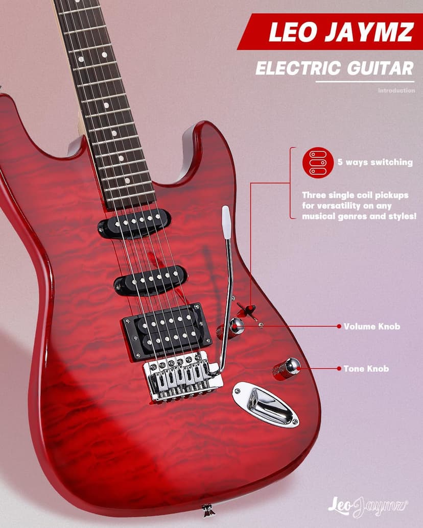 Leo Jaymz 39" Full Size ST Style Electric Guitar Starter Kit with SSH Pickup, 5W Portable Amp, Tuner, Gig Bag, Strap & Accessories (Red Ocean 5W)