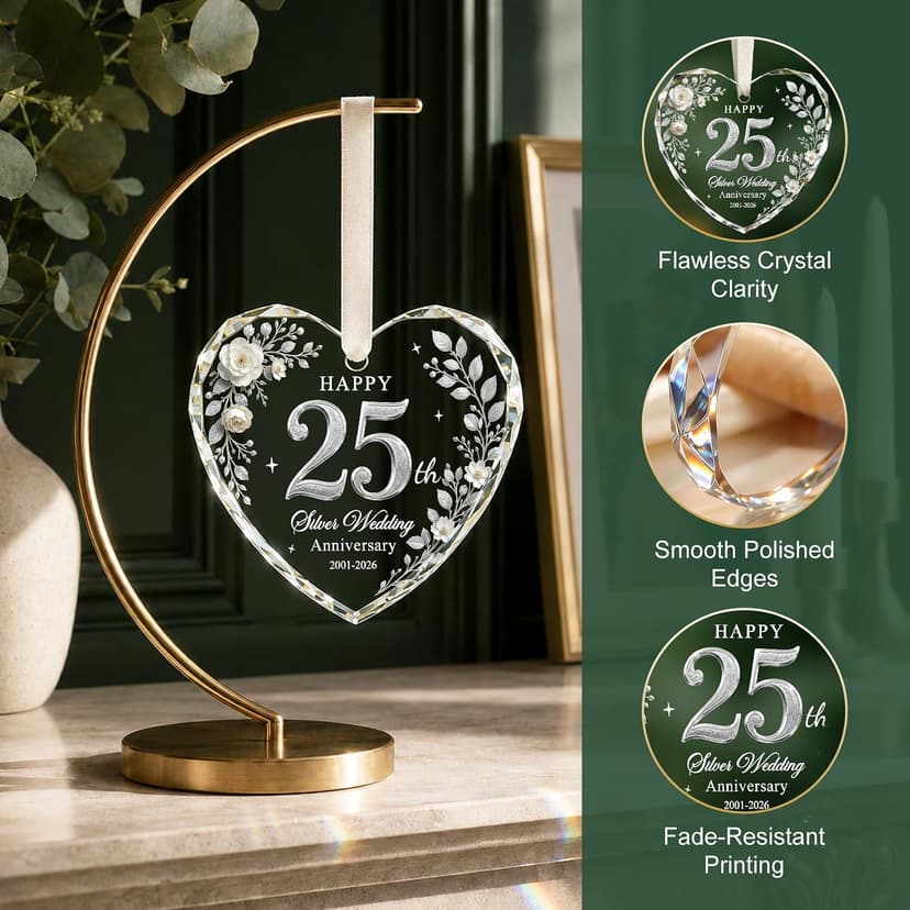 Glass 25th Anniversary Gifts for Couples Wife Husband Parents, 25 Year Anniversary Ornaments for Christmas Tree Decorations 25th Wedding Anniversary Ornament, Happy 25th Silver Anniversary Keepsake B0HFJ9P8KK