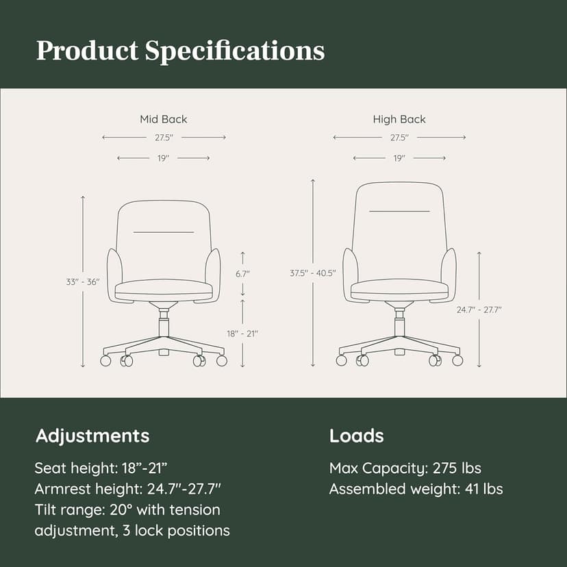 Branch Softside Mid Century Modern Office Chair, Boucle Fabric - Removable Arms with Luxury Cloud-Like Comfort - Adjustable Height - Integrated Lumbar Support - Oatmeal