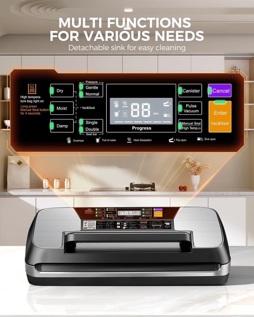 95KPA Commercial Vacuum Sealer Machine, Fully Automatic Food Sealer with Built-in Cutter for Sous Vide, Meal Prep - Includes 10 Pre-Cut Bags, Bag Rolls, Hose & Starter Kit Black Silver