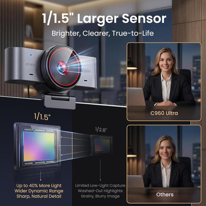 EMEET C960 Ultra 4K Webcam for Mac & PC, 1/1.5" Large Sensor, Metal Body, 0.2s Autofocus, DRC, Whiteboard Mode, Built-in Privacy Cover, 2 Mics, USB Webcam 4K for Meetings, Streaming & Content Creation