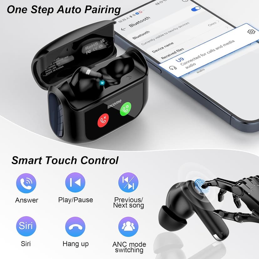 Wireless Earbuds, Bluetooth 5.4 Headphones Multi-Function Touch Screen with 5 EQ Modes, 48H Ear Buds Bass Stereo with ANC Noise Cancelling/Transparency Mode, IPX7 Bluetooth Earbuds for Android/iOS