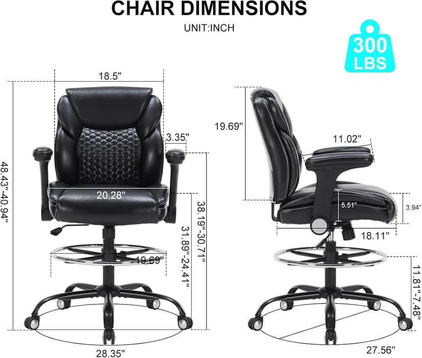 Drafting Chair, Tall Office Chair with Adjustable Armrests Mid-Back Standing Desk Chair with Footrest Ring, PU Leather High Executive Desk Chair Counter Height Office Chair for Home and Office, Black