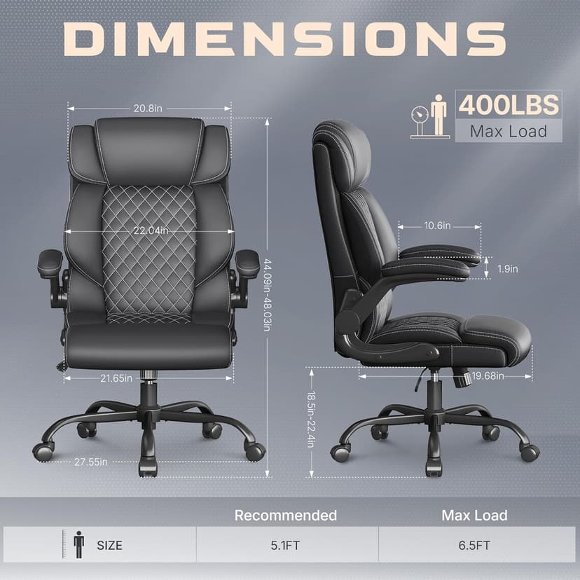 Office Chair-Executive High Back Breathable Big and Tall Office Chair Flip-up Armrests Lumbar Support-Ergonomic Leather Rolling Swivel Chair with Rock Function for Working Studying Gaming,Black