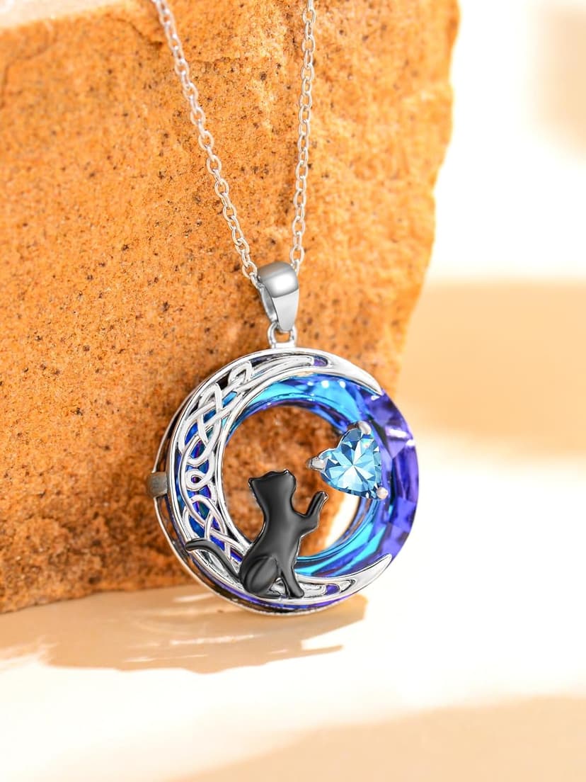 TOUPOP Cat Gifts for Cats Lovers 925 Sterling Silver Black Cat Necklace Celtic Moon Birthstone Jewelry for Women Anniversary Birthday Gift for Her Wife Mom B0DMF7SK9C