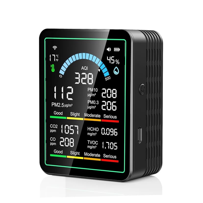 Air Quality Monitor Indoor, 10 in 1 Portable Smartair Quality Tester for CO2 | CO | TVOC | HCHO | Temp | AQI | PM0.3-1 Detection Suitable for Home, Cars, Plants, Pets and Hotels -Black