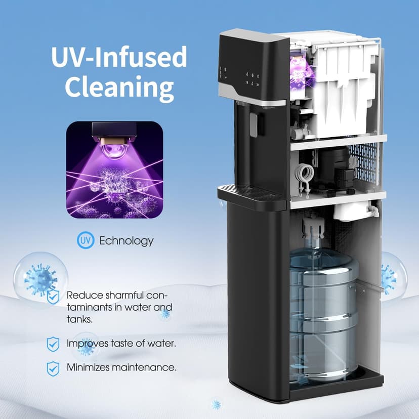 Self Cleaning Hot and Cold Bottom Load Water Cooler Dispenser with Ice Maker 5 Gal Built-in Bullet Ice Maker 22lbs Daily Capacity Black