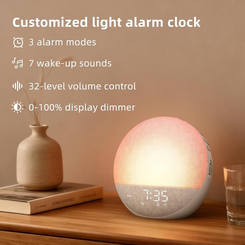 Sunrise Alarm Clock White Noise Machine: Natural Wake Up Light - Dimmable Clock with Bluetooth Speaker for Bedroom - 25 Sleep Sounds for Baby Adults Kids Putty