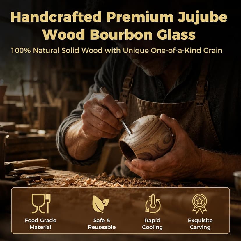 Shatterproof Jujube Wood Whiskey Cup, Naturally Insulated, Enhances Flavor, Ideal Bourbon Gift for Men in a Wooden Box Charred Wooden Bourbon Drinking Glass, Handmade Whistey Glass Set B0H12T634T