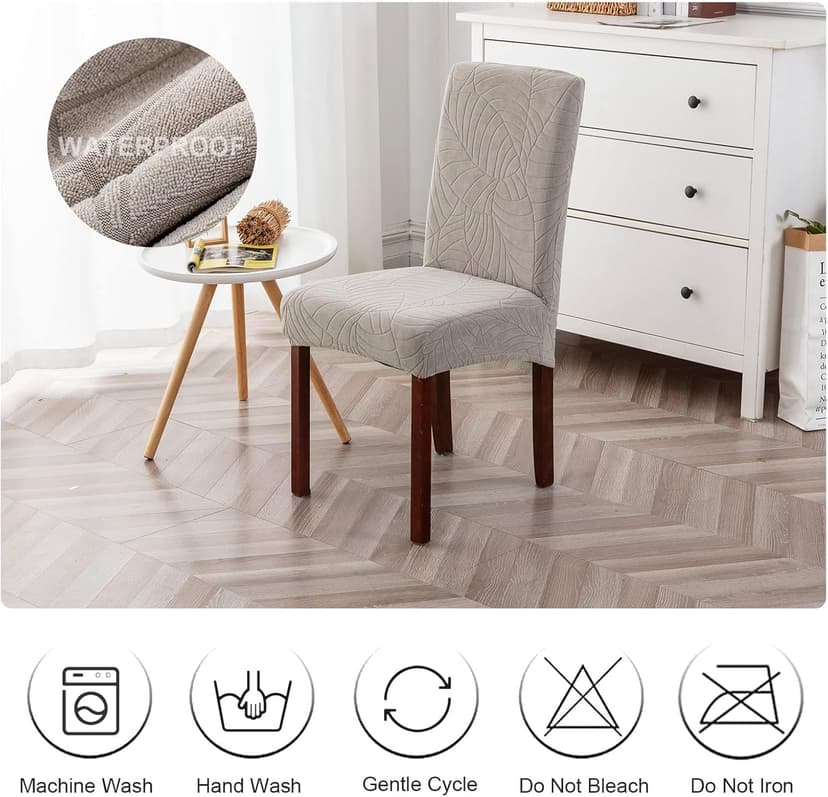 Genina 100% Waterproof Chair Covers for Dining Room Set of 4, Stretch Parson Chair Slipcovers for Kitchen Chairs, Washable Chair Protectors, Leaves-Warm Gray