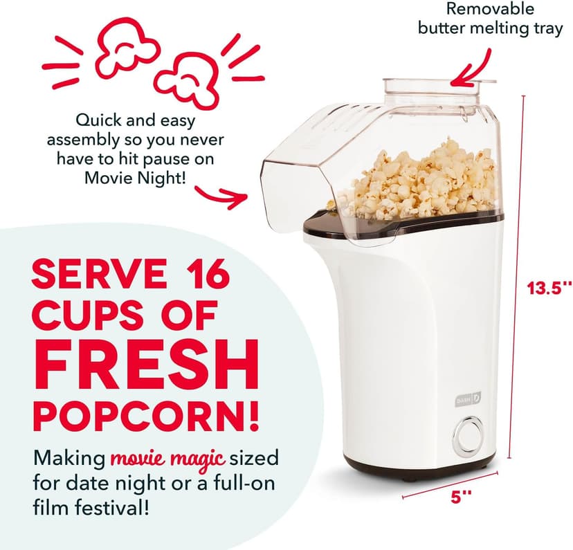 Popcorn Machine, Oil-Free Air Popped Popcorn, Built-In Measuring Cup & Butter Melting Tray, Movie Night Snacks Dash Fresh Pop Popcorn Maker, Electric Hot Air Popper, 16-Cup, White B07NWDSVPP