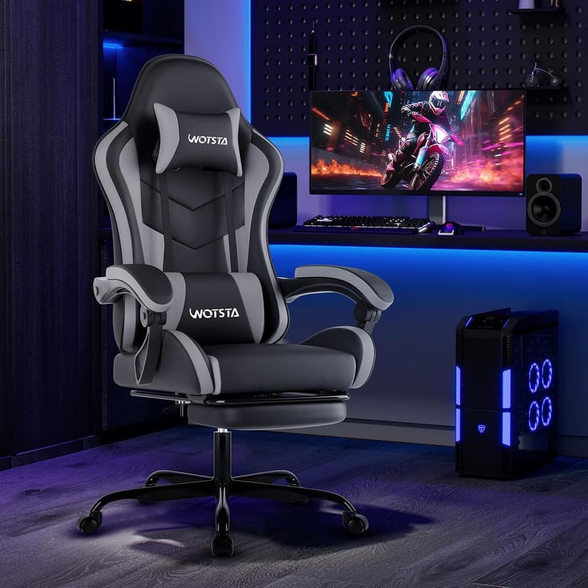 Gaming Chair with Footrest, Ergonomic Gaming Chair, Computer Chair with Lumbar Support, Headrest, Height Adjustable PC Chairs with 360° Swivel Seat for Office or Gaming BlackGrey