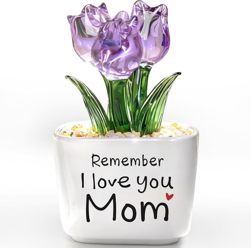 Remember I Love You Mom - Mom Birthday Gifts for Mothers - Collectible Flower Figurine Birthday Gifts for Mom from Daughter Son - Mini Purple Glass Tulip B0GTLL16WJ