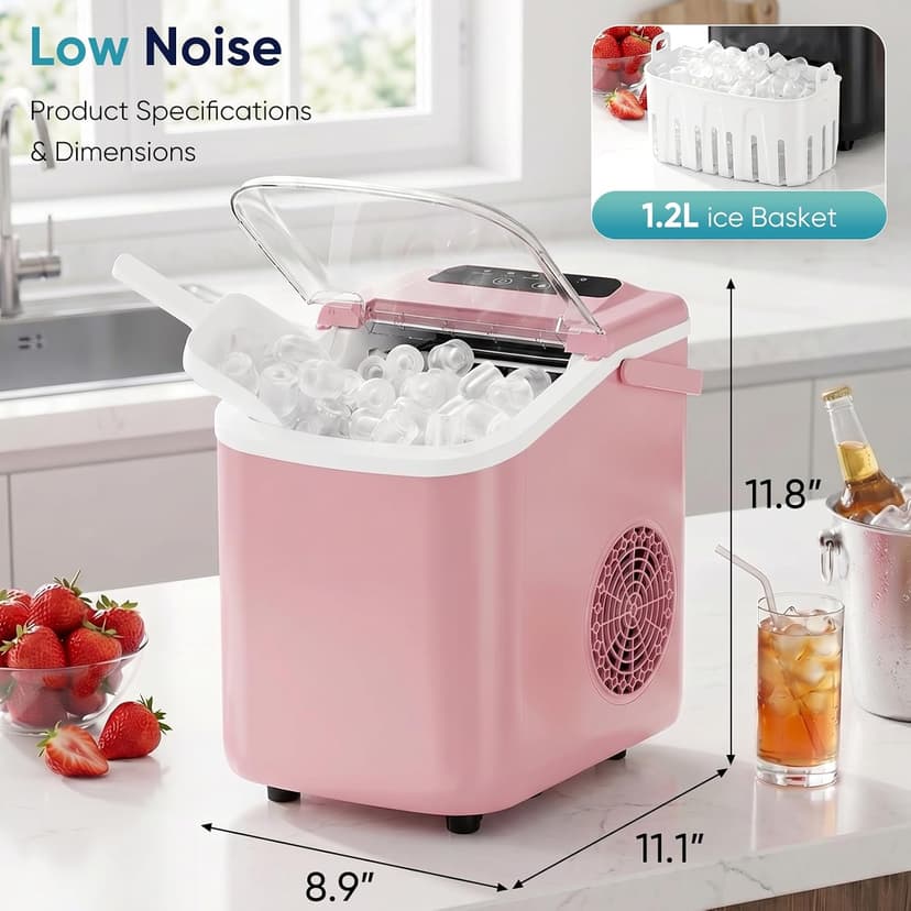 DUMOS Ice Maker Countertop, Ice Machine with Portable Handle, Basket and Scoop, 26lbs Daily, 9 Bullet Cubes in 6~8 Mins, Auto-Cleaning for Home, Kitchen, Office, Outdoors, RV Camping