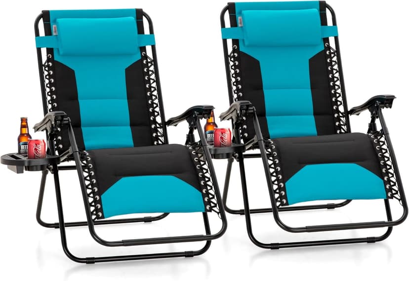 Sophia & William Oversized Zero Gravity Chair Set of 2 Padded, Folding Lounge Chair with Wide Armrest and Cup Holder, Support 400 LBS, Aqua Blue