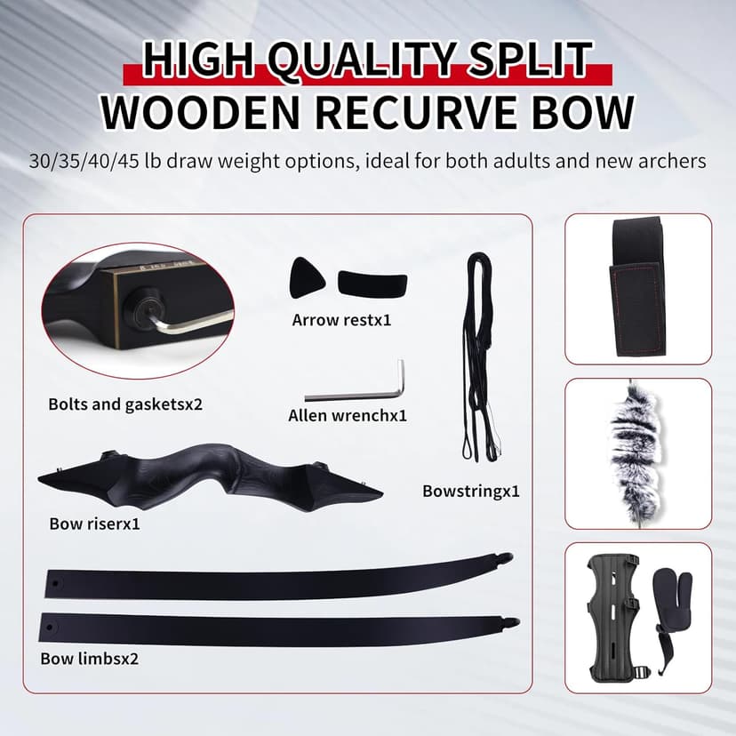Black Hunter Recurve Bow 60" Right-Handed Bow Ergonomically Designed for Comfortable Grip Suitable for Beginners and Longbow Enthusiasts to Train Or Hunt