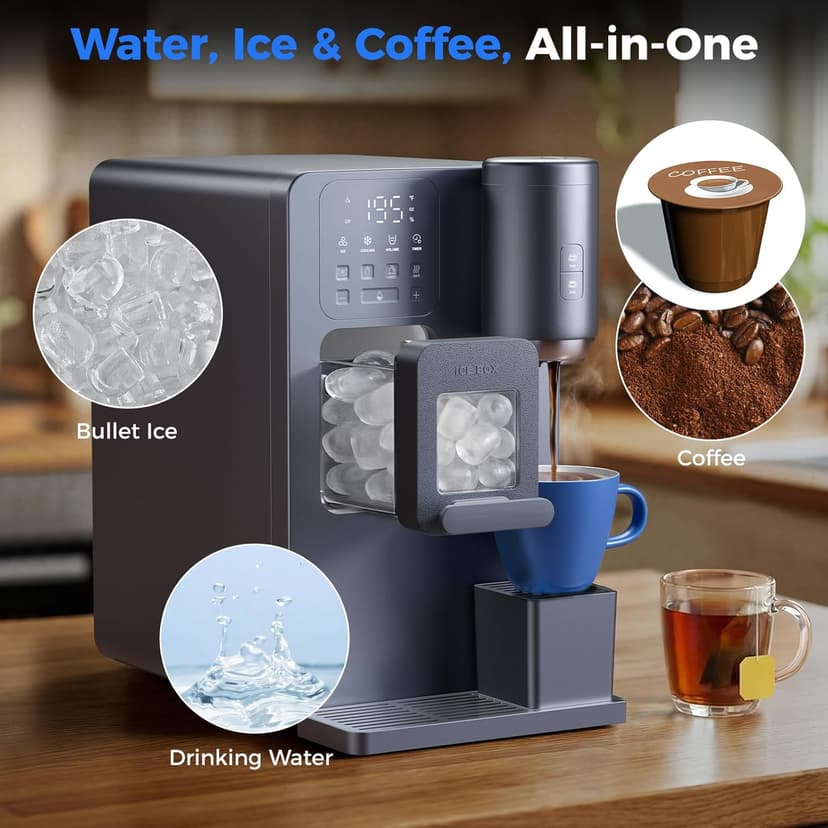 3-in-1 Water Dispenser with Ice Maker - Coffee Maker Countertop Bullet Ice Maker with 12H Timer, Hot/Cold/Warm Adjustable Volume Water, K-Cup® Ground Coffee Brewer for Home Office Studio Gift