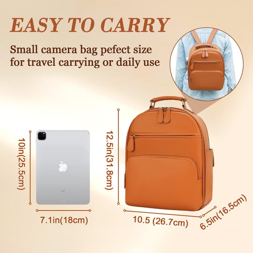 Divvia Small Camera Backpack, Classic PU Leather for DSLR, Professional Camera Bag for Photographers with 11 Inch Pad/Tablet Compartment, 10L Brown