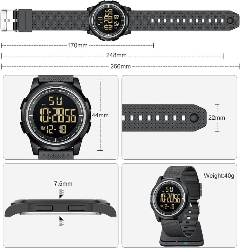 GOLDEN HOUR Ultra-Thin Minimalist Sports Waterproof Digital Watches Men with Wide-Angle Display Rubber Strap Wrist Watch for Men Women