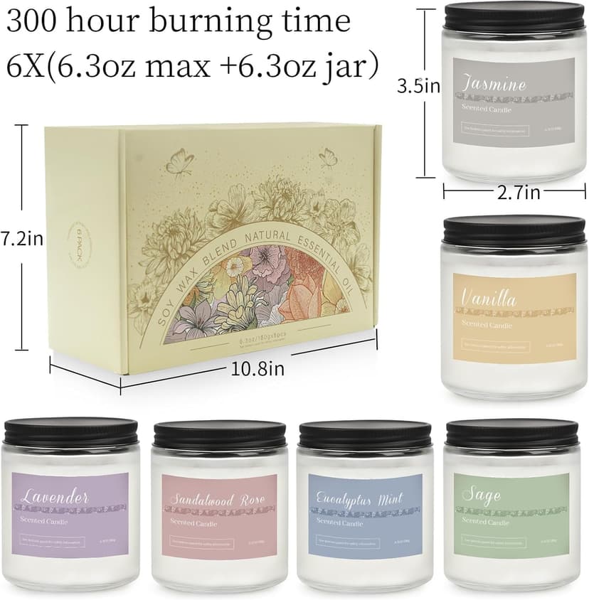 Lavender, Jasmine, Vanilla, Sage, Sandalwood Rose & Eucalyptus Mint. 42 oz 300 Hour Burn for Home, Baths, Yoga & Self-Care Scented Candles Gift Set for Women, 6-Pack Aromatherapy Candles for Home B0CHYWN5W6