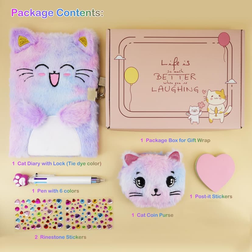 Cat Diary with Lock, Gift for 6 7 8 Year Old Girl, Secret Diary Journal Notebook with Coin Purse, Multicolored Pen, Post-it Note, Stickers, Practical Gift for Birthday (A Happy Cat)