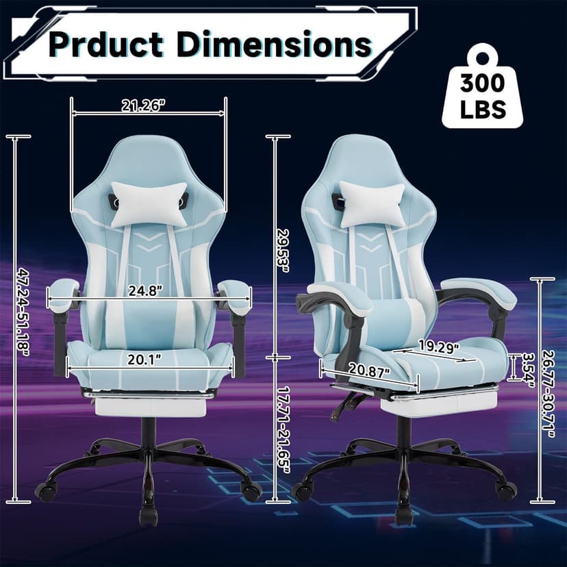 Gaming Desk Chair for Adults, Ergonomic Gaming Chair with Footrest & Headrest and Lumbar Support, Leather Material Height Adjustable Computer Video Game Chairs (Blue+White)